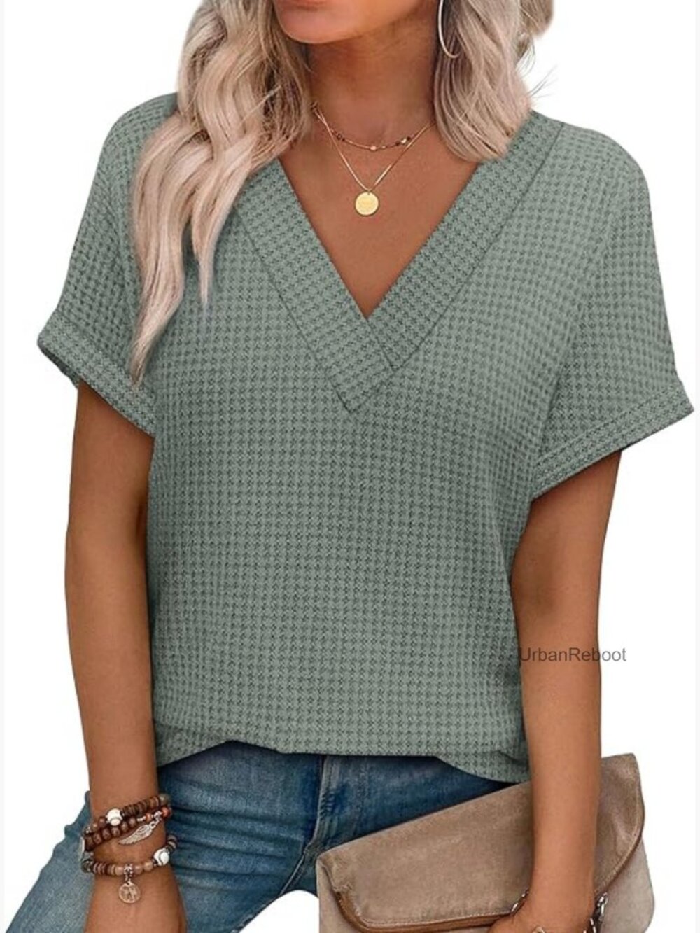 Womens V-Neck Short Sleeve Waffle Knit T-Shirt Loose Fit Pullover Top